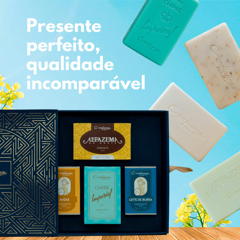 Kit Skincare de sabonetes: Surpreenda com o nosso pacote de sabonetes com ingredientes naturais para mãos, rosto e corpo. Faça da rotina de cuidados pessoais com os nossos sabonetes! Sabonete de Algas, Sabonete de Leite de Burra, Sabonete de Alfazema do Monte e Sabonete de Chipre Imperial.