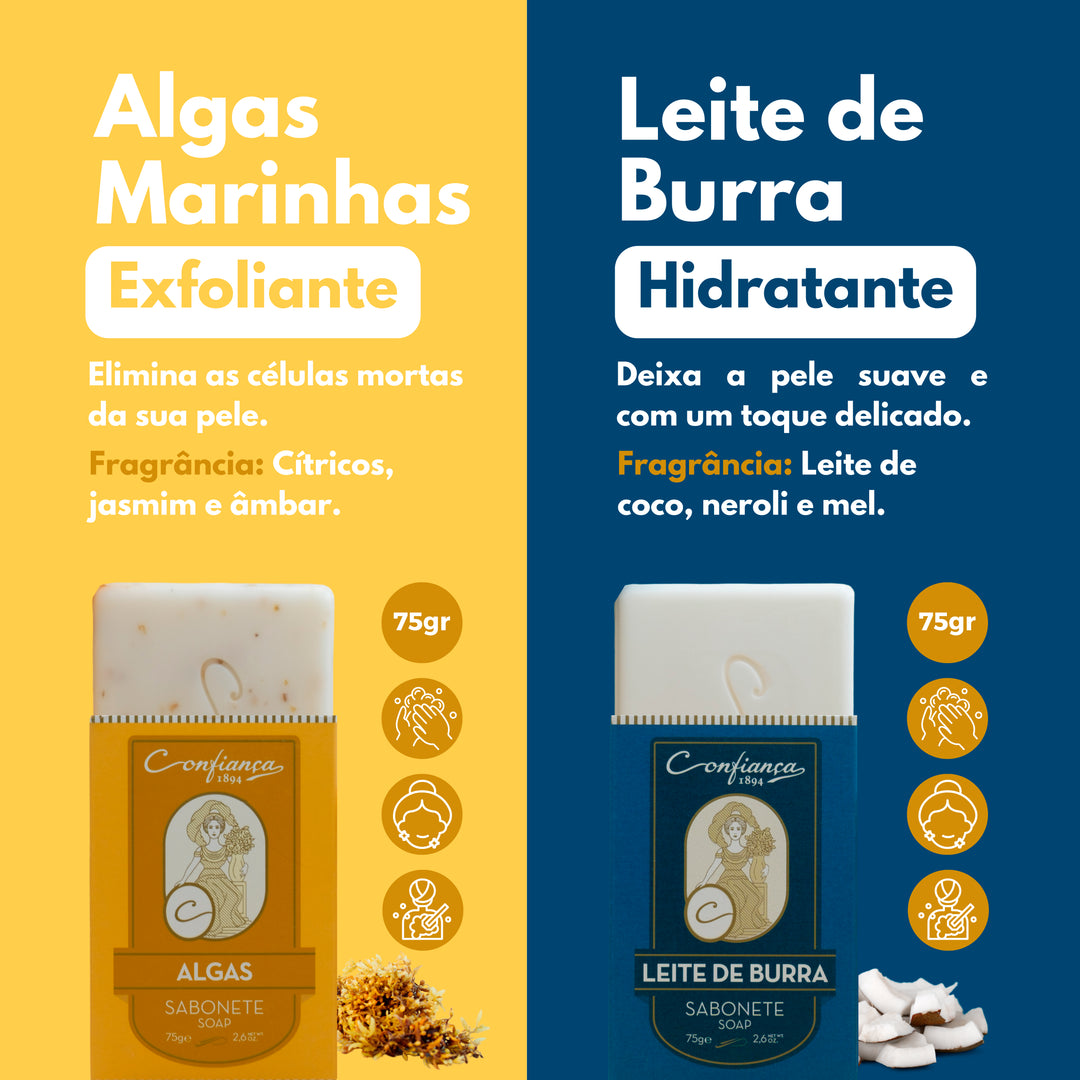 Kit Skincare de sabonetes: Surpreenda com o nosso pacote de sabonetes com ingredientes naturais para mãos, rosto e corpo. Faça da rotina de cuidados pessoais com os nossos sabonetes! Sabonete de Algas, Sabonete de Leite de Burra, Sabonete de Alfazema do Monte e Sabonete de Chipre Imperial.