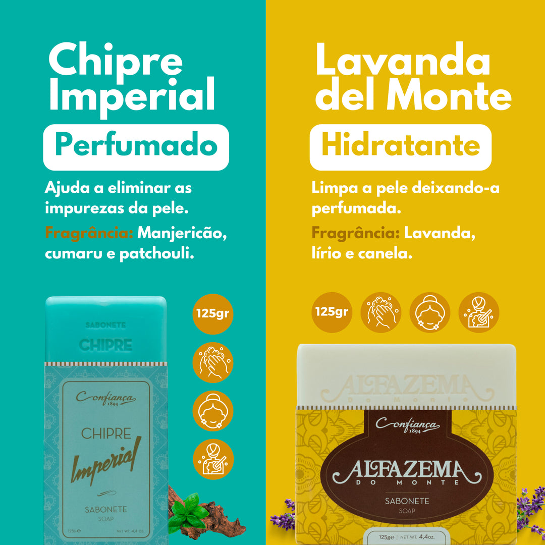 Kit Skincare de sabonetes: Surpreenda com o nosso pacote de sabonetes com ingredientes naturais para mãos, rosto e corpo. Faça da rotina de cuidados pessoais com os nossos sabonetes! Sabonete de Algas, Sabonete de Leite de Burra, Sabonete de Alfazema do Monte e Sabonete de Chipre Imperial.