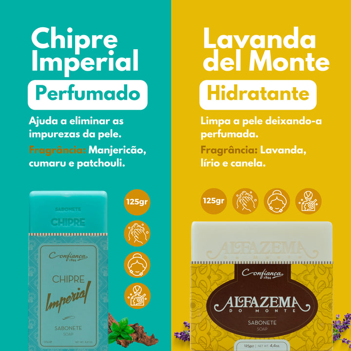 Kit Skincare de sabonetes: Surpreenda com o nosso pacote de sabonetes com ingredientes naturais para mãos, rosto e corpo. Faça da rotina de cuidados pessoais com os nossos sabonetes! Sabonete de Algas, Sabonete de Leite de Burra, Sabonete de Alfazema do Monte e Sabonete de Chipre Imperial.